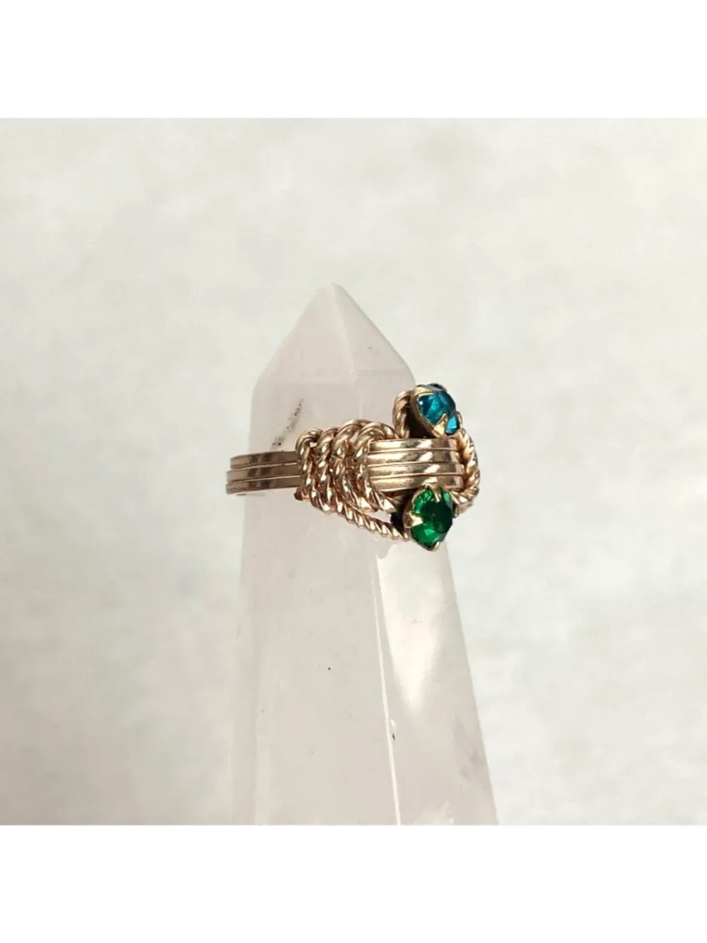 Brass Colored Wire wrapped Blue & Green Rhinestone Baby Ring Size <1